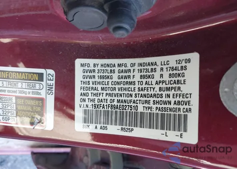 2010 Honda Civic Ex from USA, damaged, VIN 19XFA1F89AE027510